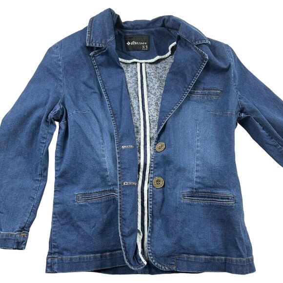 Sisline Blue Denim Blazer Jacket Womens S Two Button Stretch Pockets 3/4 Sleeve - Picture 6 of 10